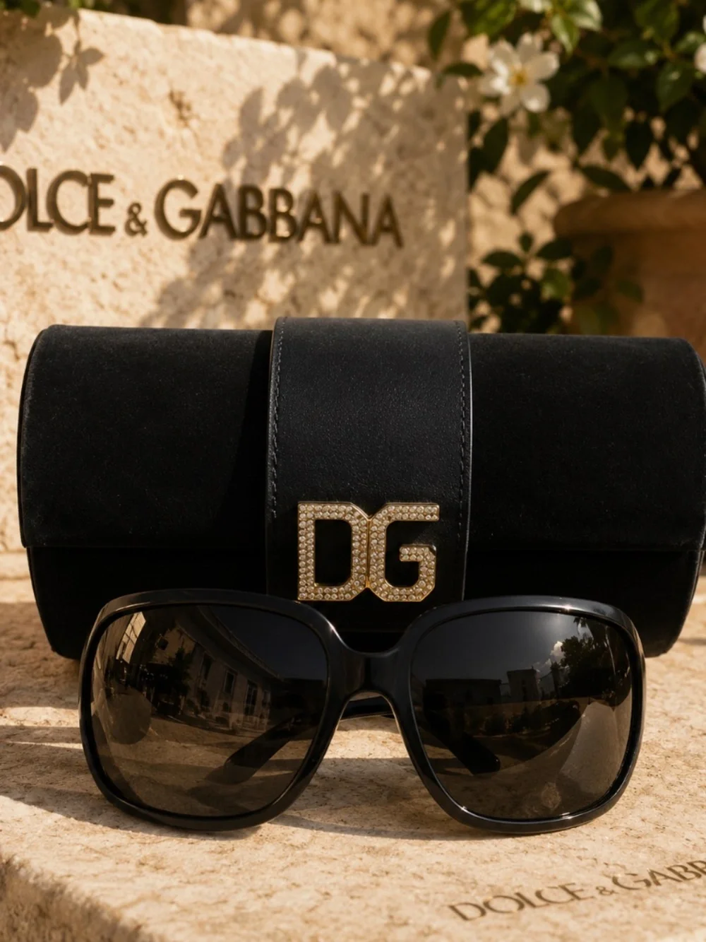 Dolce & Gabbana DG Oversized Black Sunglasses Rhinestone Logo with Case